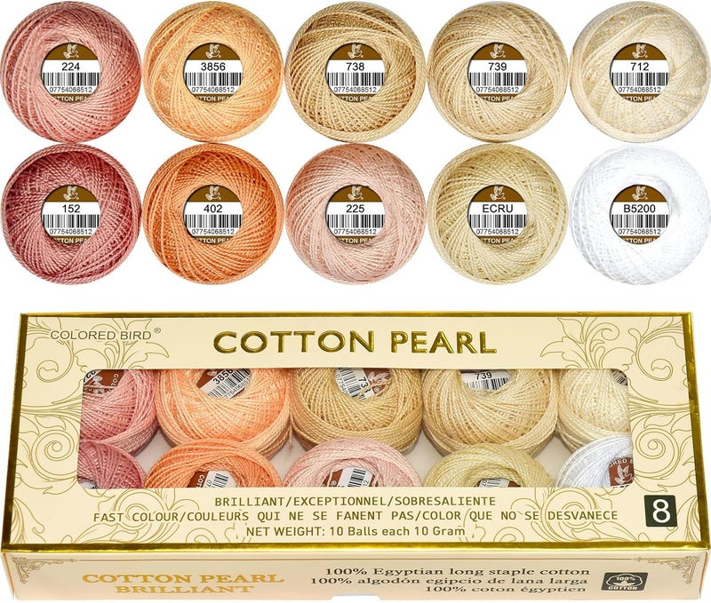 colored bird Double Mercerized Egyptian Long Staple Cotton Pearl Thread Ball 10 Grams Rainbow Color Embroidery Thread 10 Colors per Box for Crochet Hardanger Cross Stitch Hand Embroidery,Light Flesh Color Series - Image 1